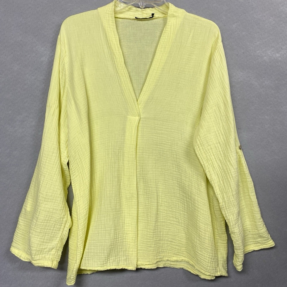 M Made In Italy Linen Shirt Top Women’s XL Long Roll Tab Sleeve V Neck Yellow